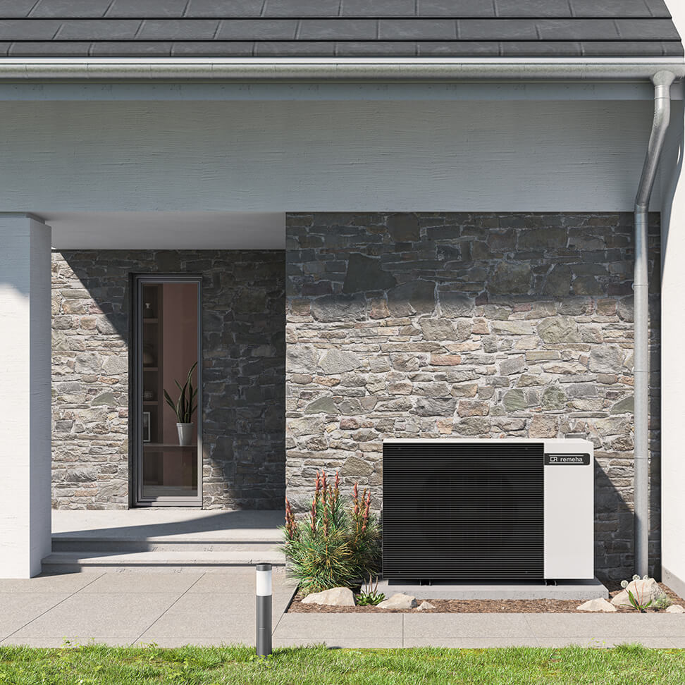 All-electric warmtepomp buitenunit geplaatst naast woning